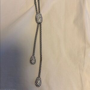 Chico’s Silver Lariat Necklace | Rhinestone Slider Statement Necklace